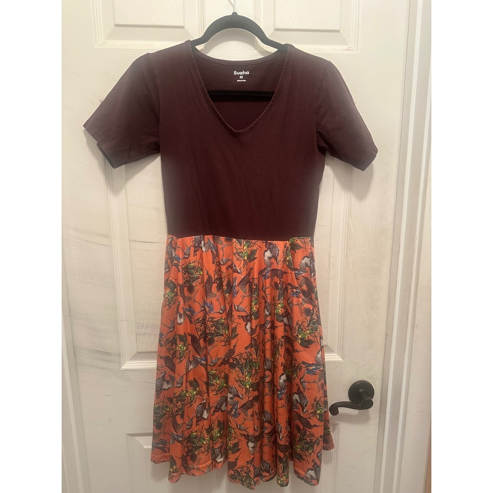 Svaha Women Brown Orange Bird Print Fit & Flare Pocket Dress XS